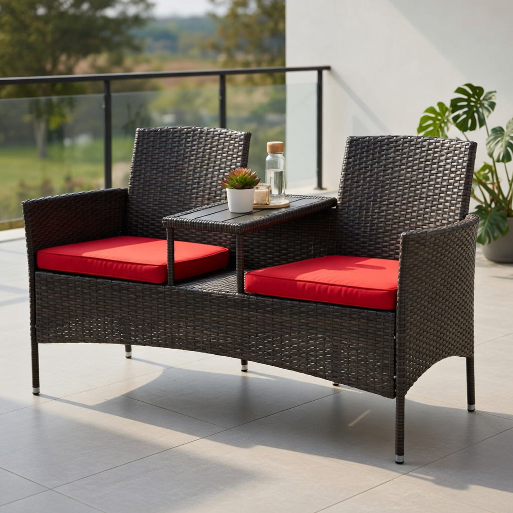 Resenkos 3 Piece Patio Conversation Bistro Set with Seat, Balcony Furniture Outdoor Rattan Patio Conversation Set with Built-in Coffee Table and Cushions for Garden Porch Yard, Red