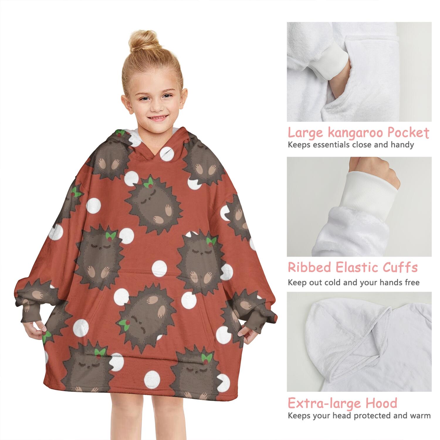 Red Hedgehog Pattern Blanket Hoodies for Kids 6-13YR Oversize Wearable Blanket Hoodies for Boys Girls Teens