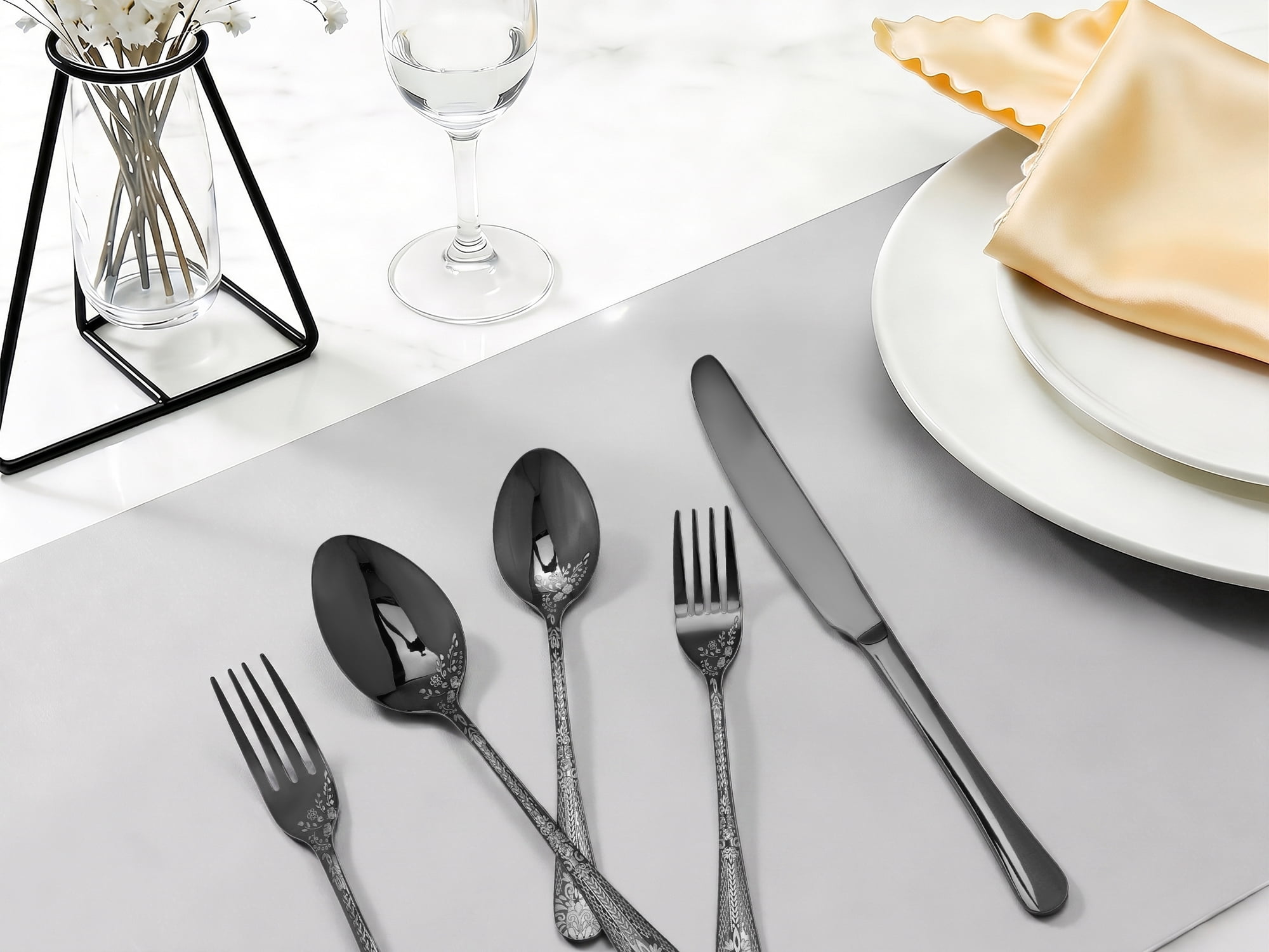 Unique Bargains 20 Piece Floral Stainless Steel Flatware Set for 4 Modern Cutlery Black