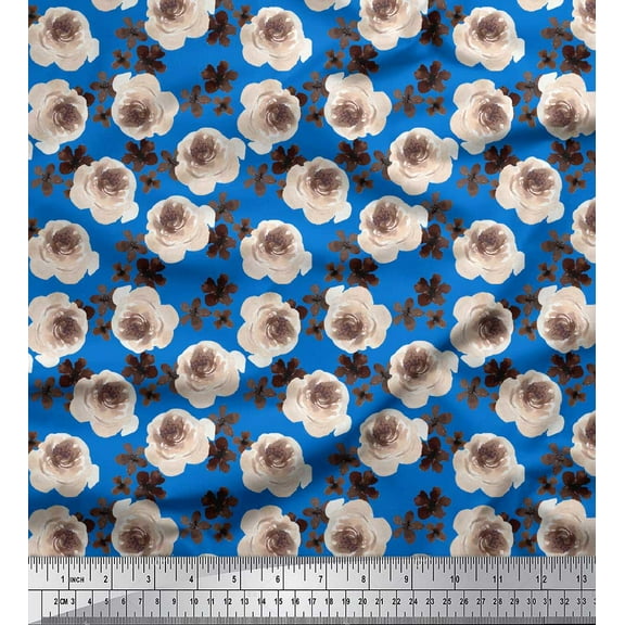 Soimoi Blue Cotton Duck Fabric Rose Flower Watercolor Print Fabric By the Yard 44 Inch Wide