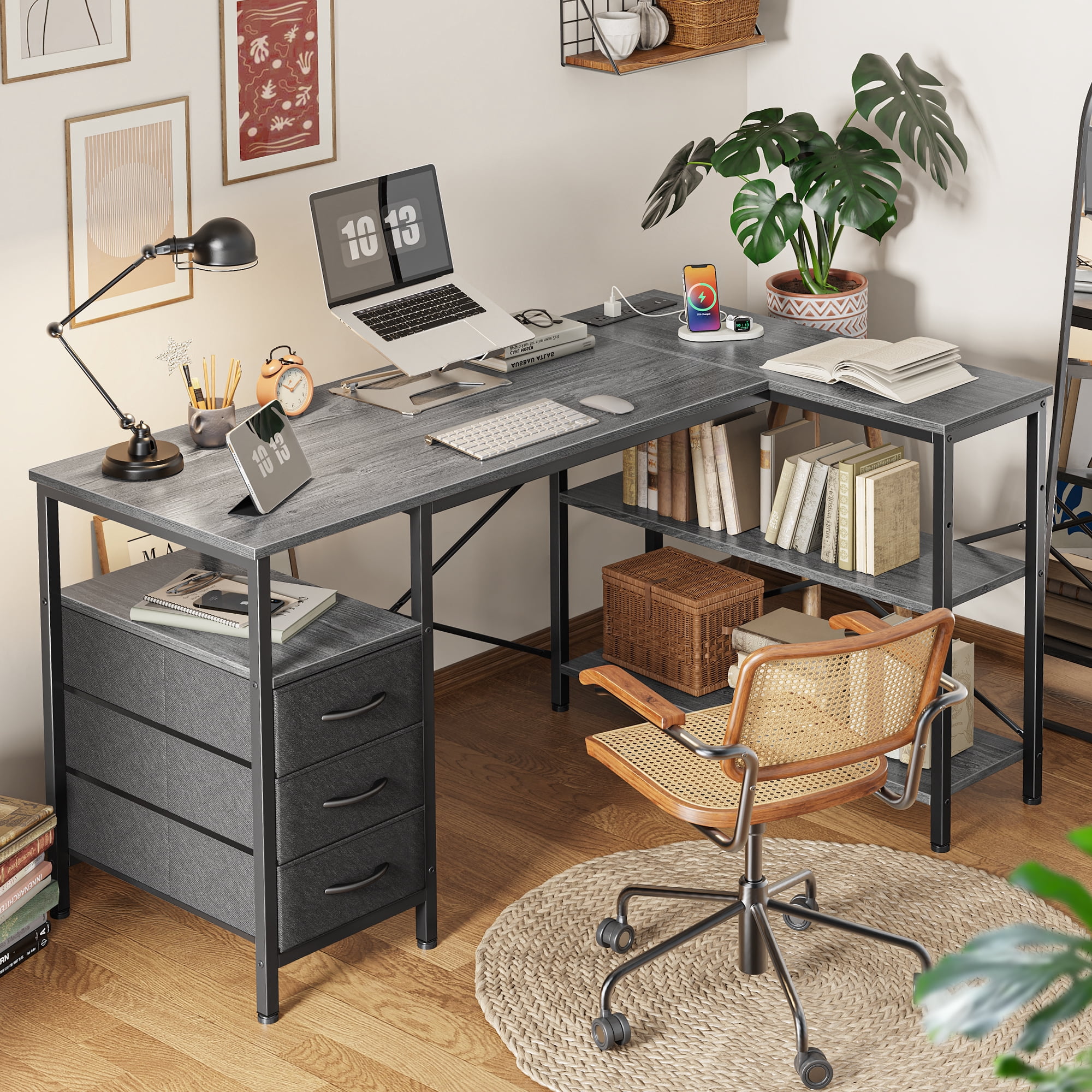47 Inch L Shaped Office Desk with Power Outlets, Computer Desk with Drawers, Corner Desk for Home Office