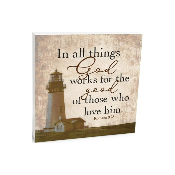 He Works For Good Love Cream Lighthouse 10 x 10 Wood Tabletop Sign Plaque