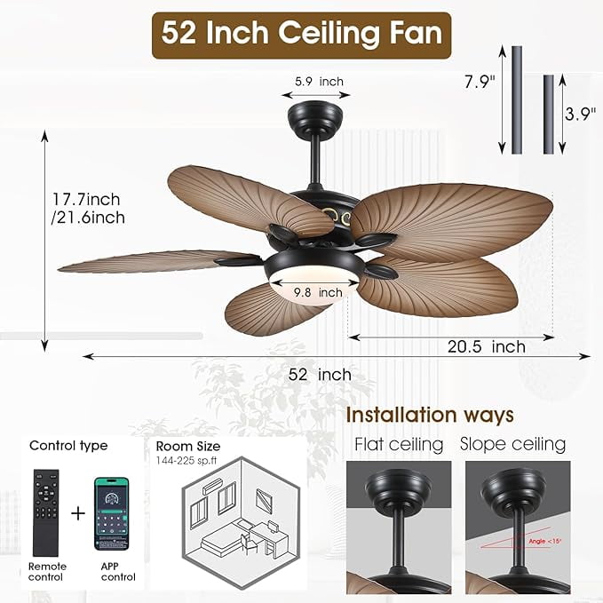Phorus 52″ Tropical Ceiling Fan with Dimmable LED Light, Quiet Reversible DC Motor, Remote & APP Control, Adjustable Height – Indoor & Covered Outdoor Patio