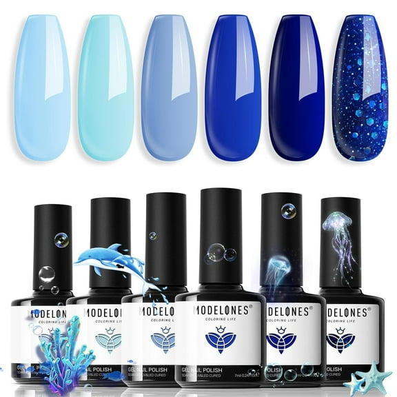 Modelones Blue Gel Nail Polish Set 6 Colors, Royal Blue Sky Blue Glitter Navy Blue Nail Gel Polish Kit Light to Dark Shades Soak Off Pastel Spring Nail Art Gel Salon DIY Manicure Gift for Women Girl