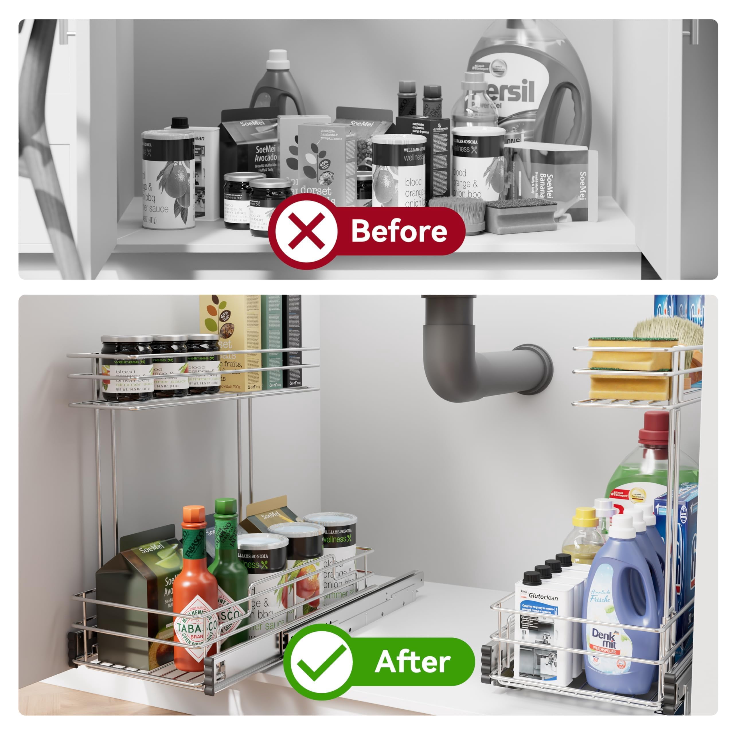 STORKING Under Sink 2-Tier Pull-Out Organizer, 9"W x 17"D Chrome Plated, for Kitchen Bathroom Pantry Closet Rack, 2 Pack
