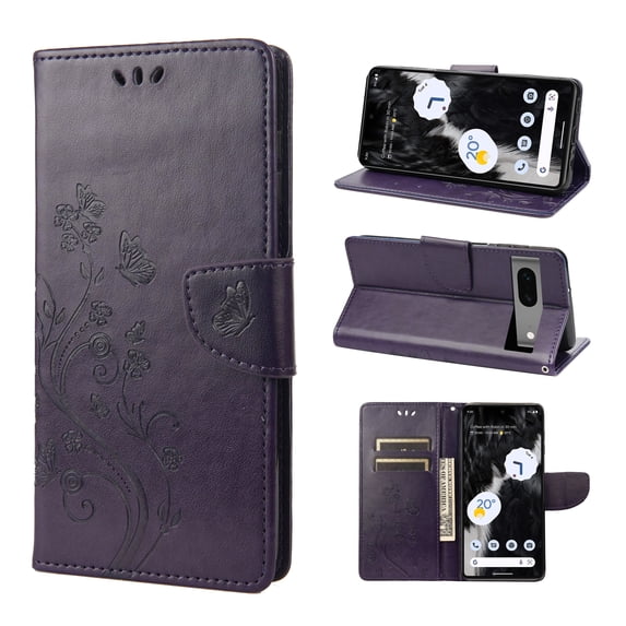 Feishell Slim Wallet Phone Case for Google Pixel 7a,Butterfly & Floral Embossed PU Leather Anti-Scratch Shockproof Magnetic Clasp Flip Kickstand Credit Card Slots Phone Cover,Purple