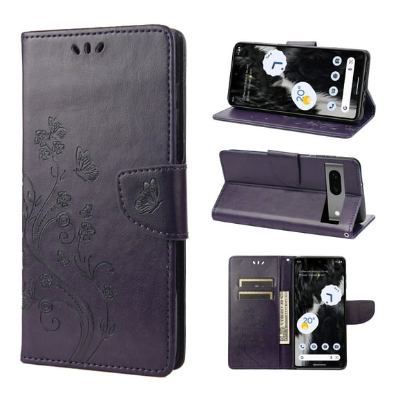 Feishell Slim Wallet Phone Case for Google Pixel 7a,Butterfly & Floral Embossed PU Leather Anti-Scratch Shockproof Magnetic Clasp Flip Kickstand Credit Card Slots Phone Cover,Purple