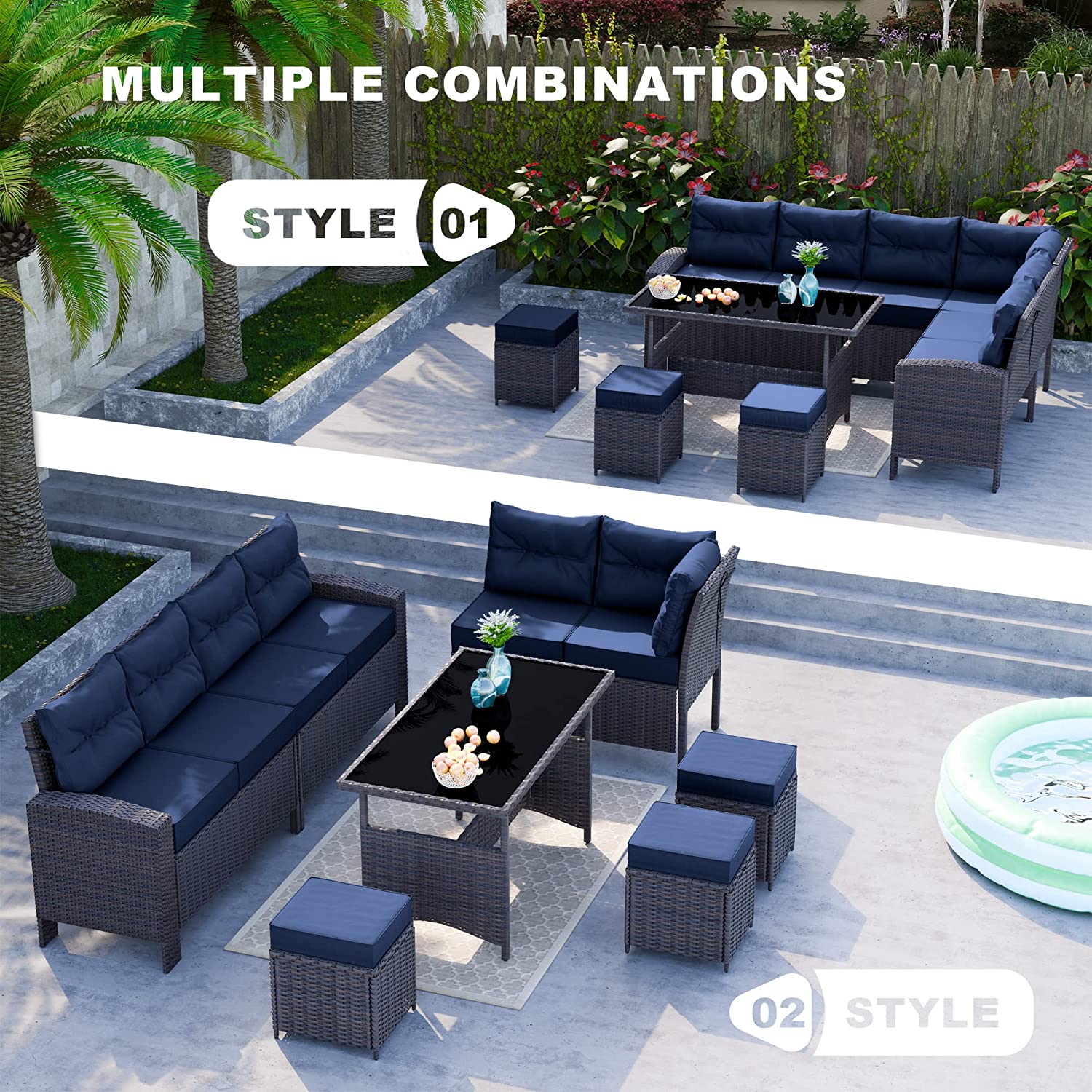 Kullavik 7 Pieces Outdoor Patio Furniture Set, All-Weather Patio Outdoor Dining Conversation Sectional Set with Coffee Table, Wicker Sofas, Ottomans, Removable Cushions,Navy Blue - image 5 of 7