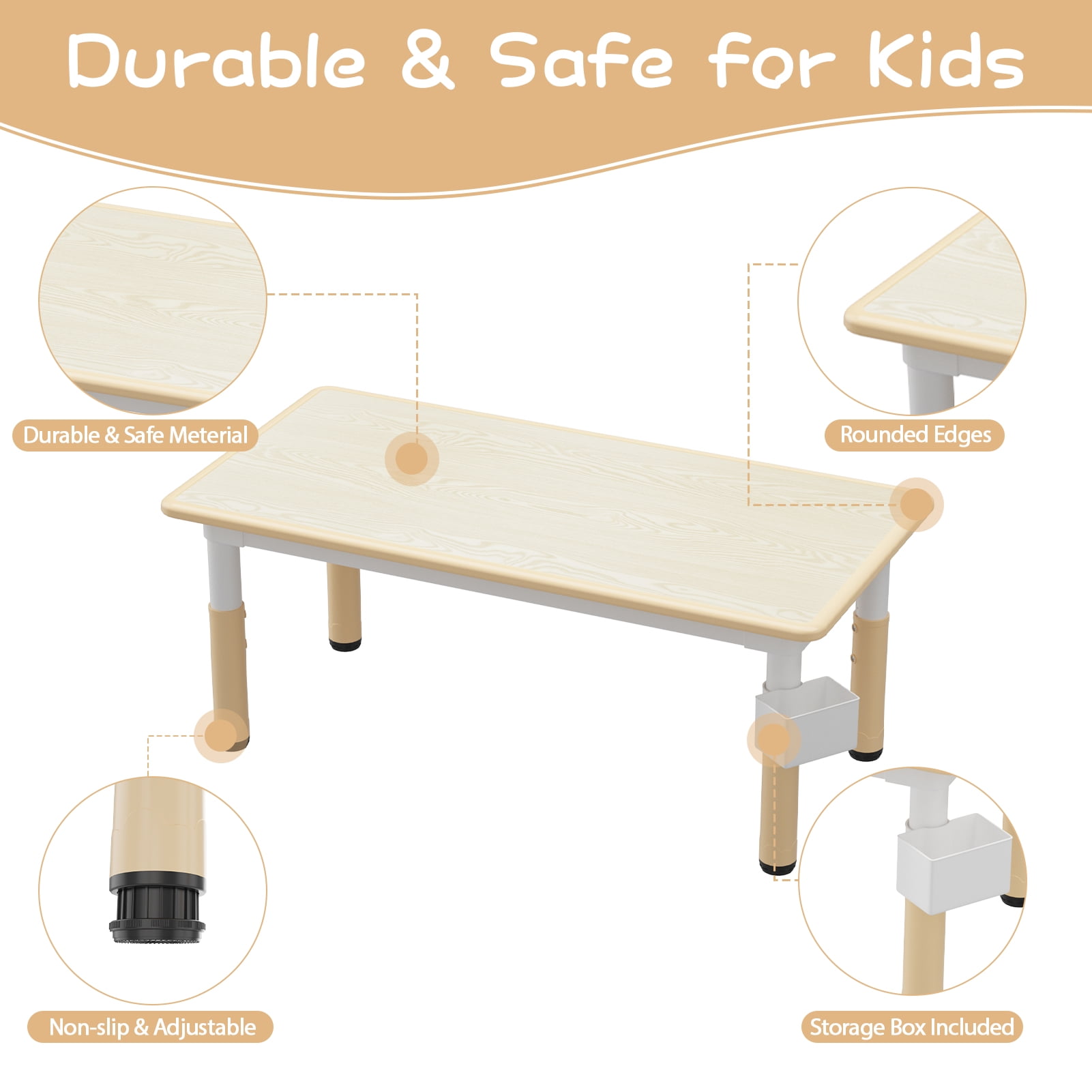 COZONY Kids Table and Chair Set, Adjustable Height Toddler Table with 6 Seats, Non-Slip Legs, Graffiti Desktop for Ages 2-8
