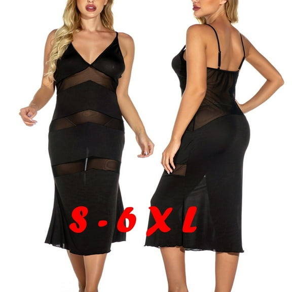 Sakmal Black Chemise Nightgowns for Women Mesh Plus Size Ultra-Soft Cozy Sleepwear Sleeveless Patchwork V-Neck Long Chemises S-6XL
