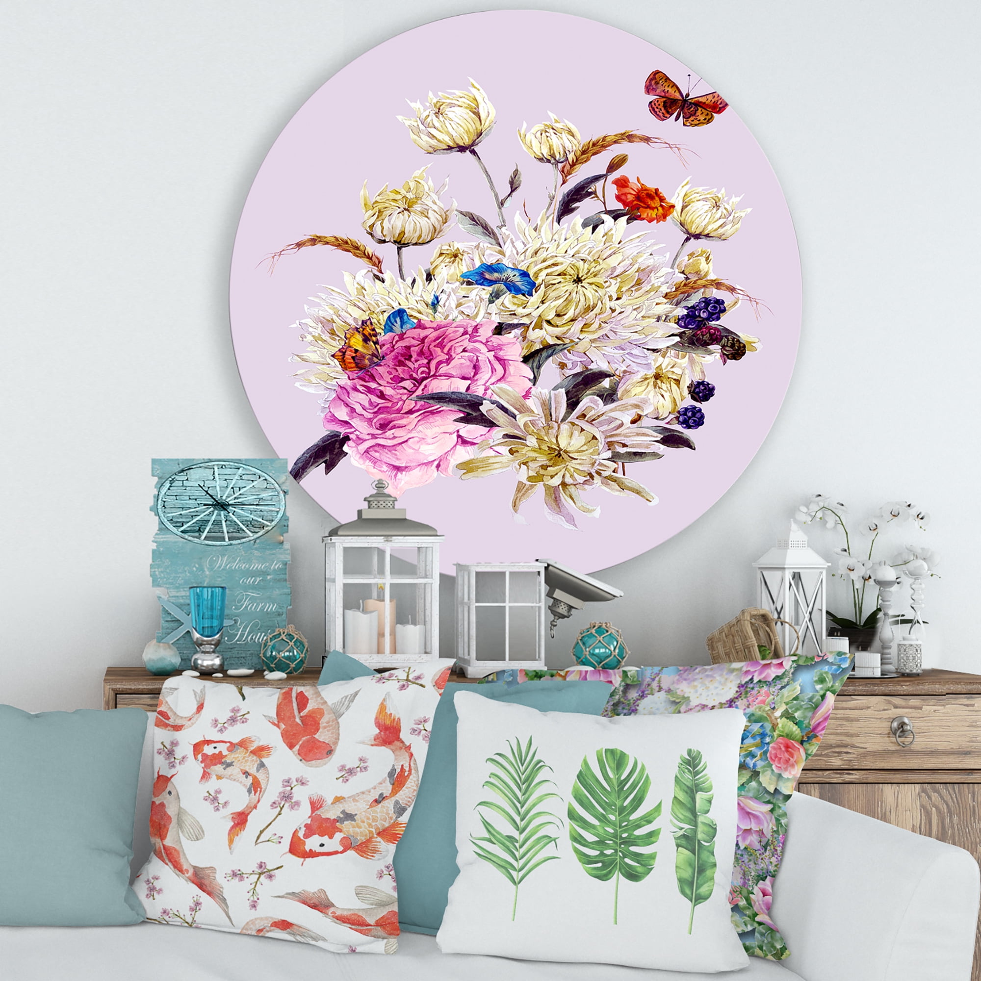 Designart 'Ancient Chrysanthemums With Bouquet I' Traditional Circle Metal Wall Art 29x29 - Disc of 29