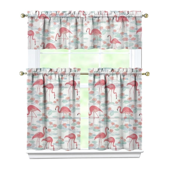 Kitchen Curtains 36 Inch Short - 3 Panel Set, Flamingo Tropical Bird Print, Rod Pocket Window Curtain, 100% Polyester for Hawaiian Summer Beach Decor, Easy Wash