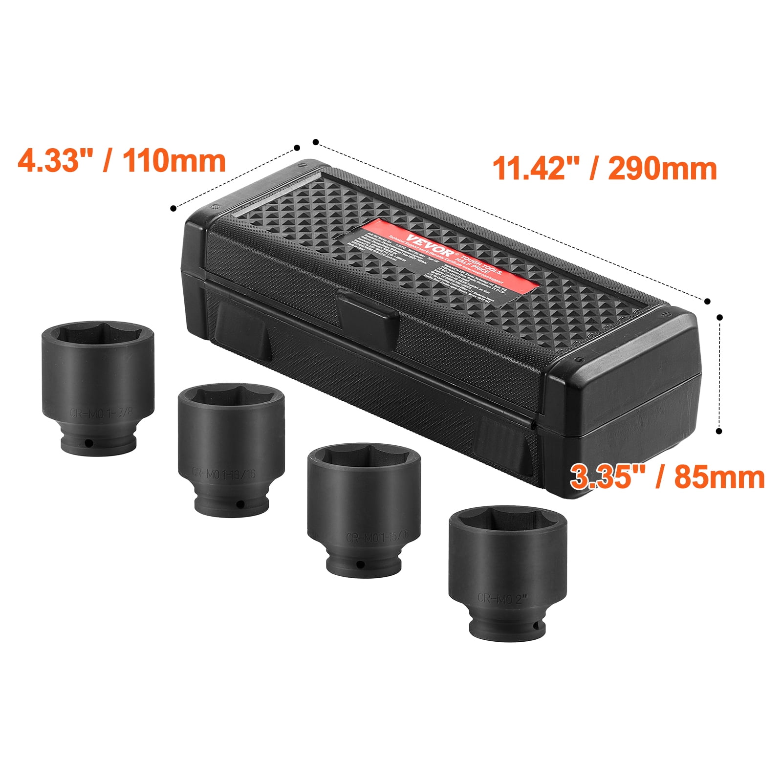 VEVOR Axle Nut Impact Socket Set, 1/2" Drive 6-Point 4-Piece SAE Spindle Nut Socket Set, CR-MO Heat Treated Large Socket Set with Storage Case, for Auto Repair, Removing or Installing Axle Nuts