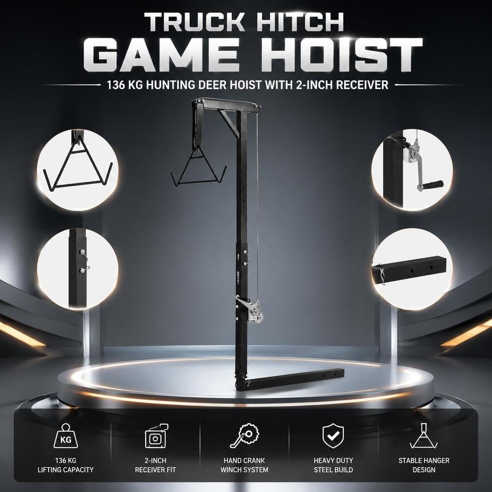 Truck Hitch Game Hoist 300 Lbs Load Capacity 2-Inch Receiver 360-Degree Swivel Shaft Adjustable Height