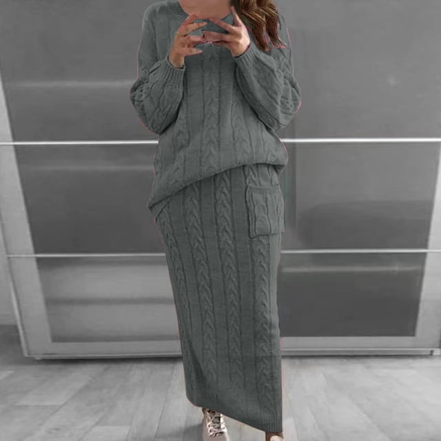 Dvkptbk Chandails pour Femmes Chandail à Col Rond pour Femmes à Manches Longues Pantalon à Jambe Grand Fente de Couleur Coupe Ample Ensemble de Chandail à la Mode Vêtements en Liquidation