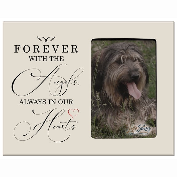 LifeSong Milestones Wooden Memorial 8x10 Vertical Picture Frame for Pet Dogs holds 4x6 photo - (Forever with the angels) (Ivory)