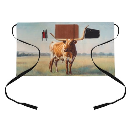 Texas Longhorn Kitchen Restaurant Half Waist Apron, Vintage Oil Painting Cow Grass Blue Sky Server Short Apron with 3 Pockets Waterproof Oil Waist Aprons for Women Waitress Waiter