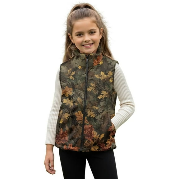 Pzuqiu Camo Hunting Girls Sleeveless Vests Comfortable Fleece Fall Winter Warm Outerwear With Pockets Full Zip Fall Outfits Fashion Clothing Soft Casual Clothes for Girls 2T