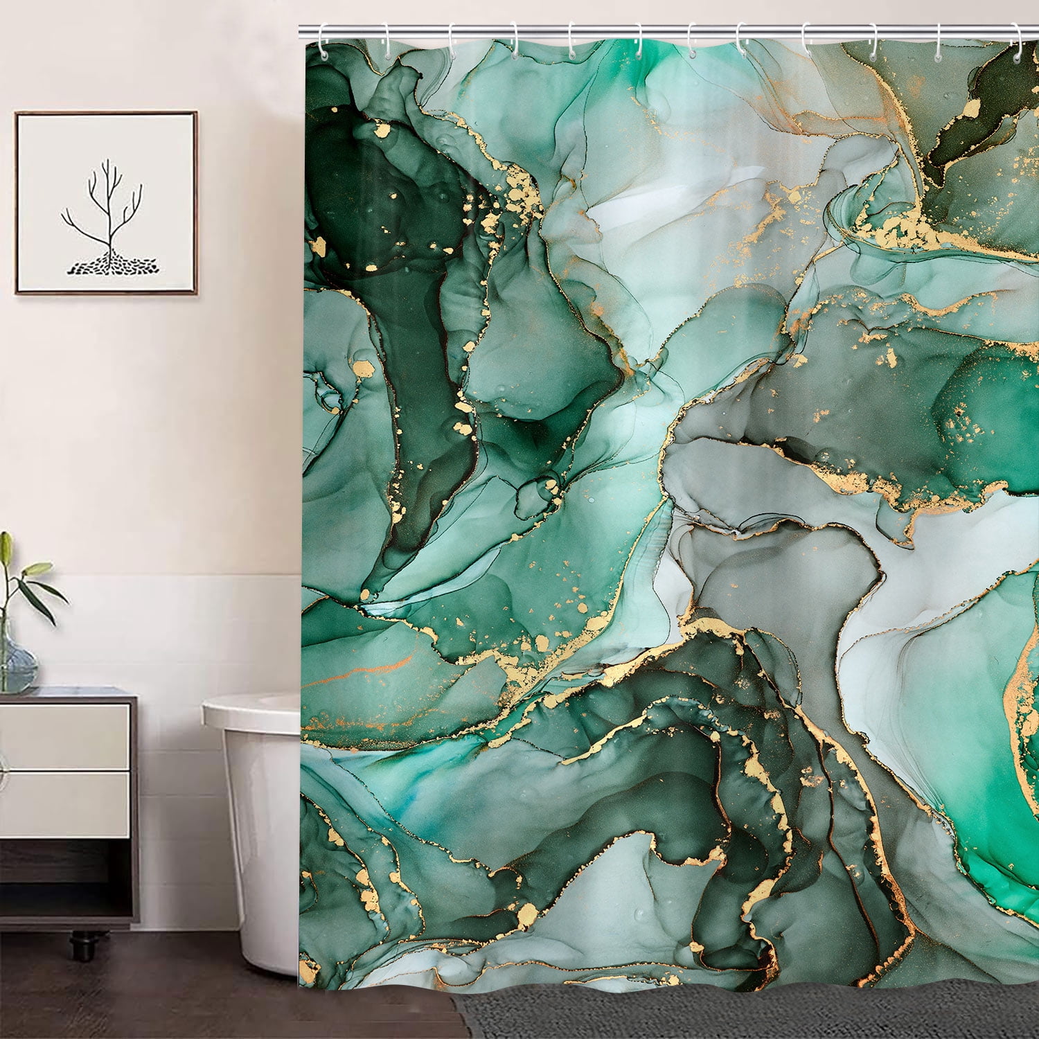 Colorful Shower Curtain,Green Gold Marble Texture Shower Curtain for Bathroom,Watercolor Abstract Bath Curtain,Modern Ink Art Decor Fabric Shower Curtain Set with Hooks 72X84in