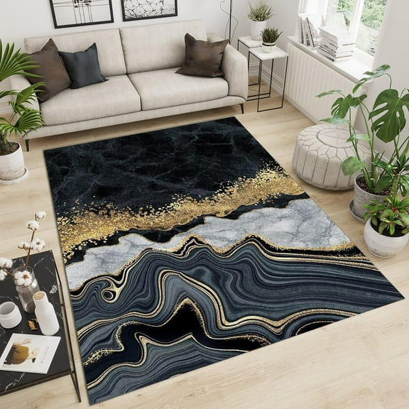 Gray Marble Area Rugs, Golden Curved Line Porch Mat, Area Carpet Soft Texture Lightweight and Low Profile for Bath Mat Balcony,3x4ft