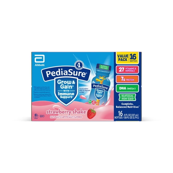 PediaSure Grow & Gain with Immune Support, 7g Protein, Strawberry, 8-fl-oz Bottle, Pack of 16