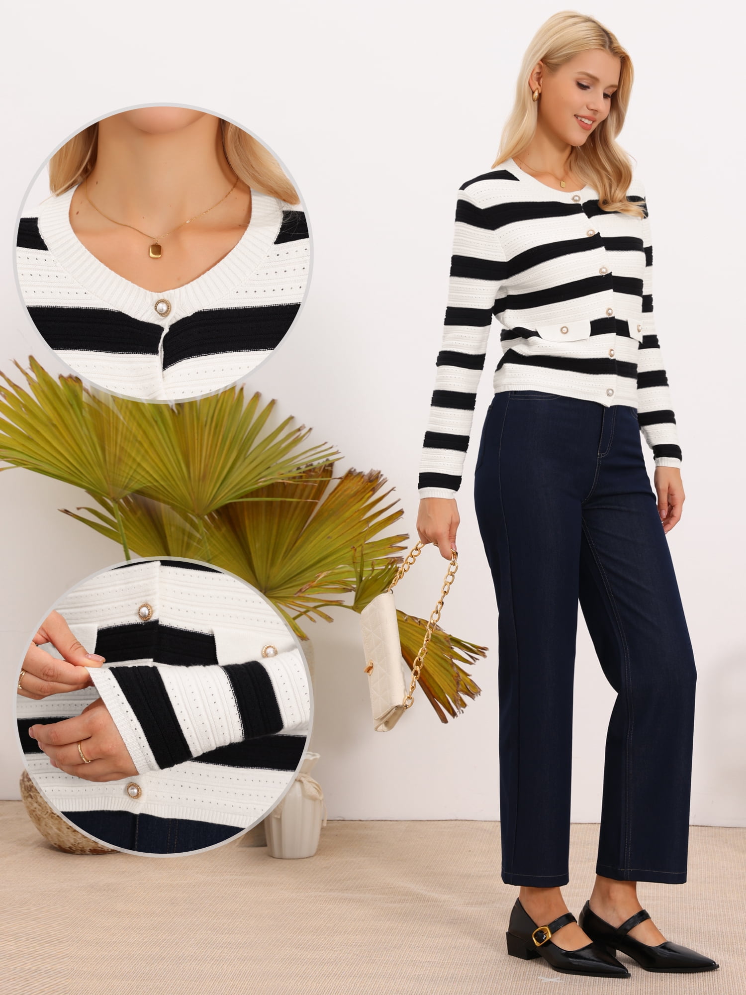 DARING DIVA Women's Striped Long Sleeve Button Down Crewneck Knit Cardigan XS Black White