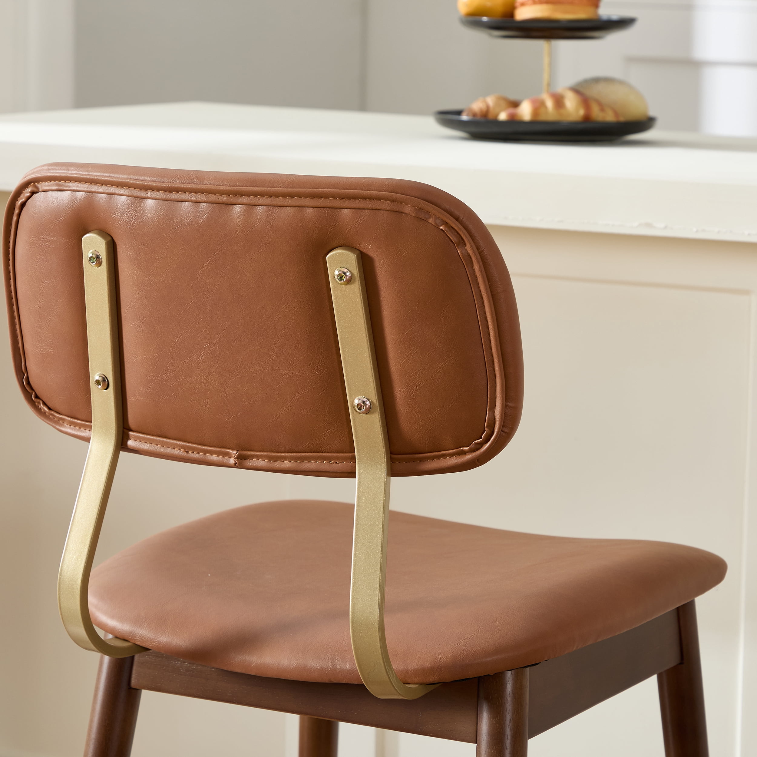 Garitin Bar Stool Set of 2 and Counter Height Chairs, Wooden Vinyl Upholstered Seating with Curved Backrest for Kitchen Bar, Brown