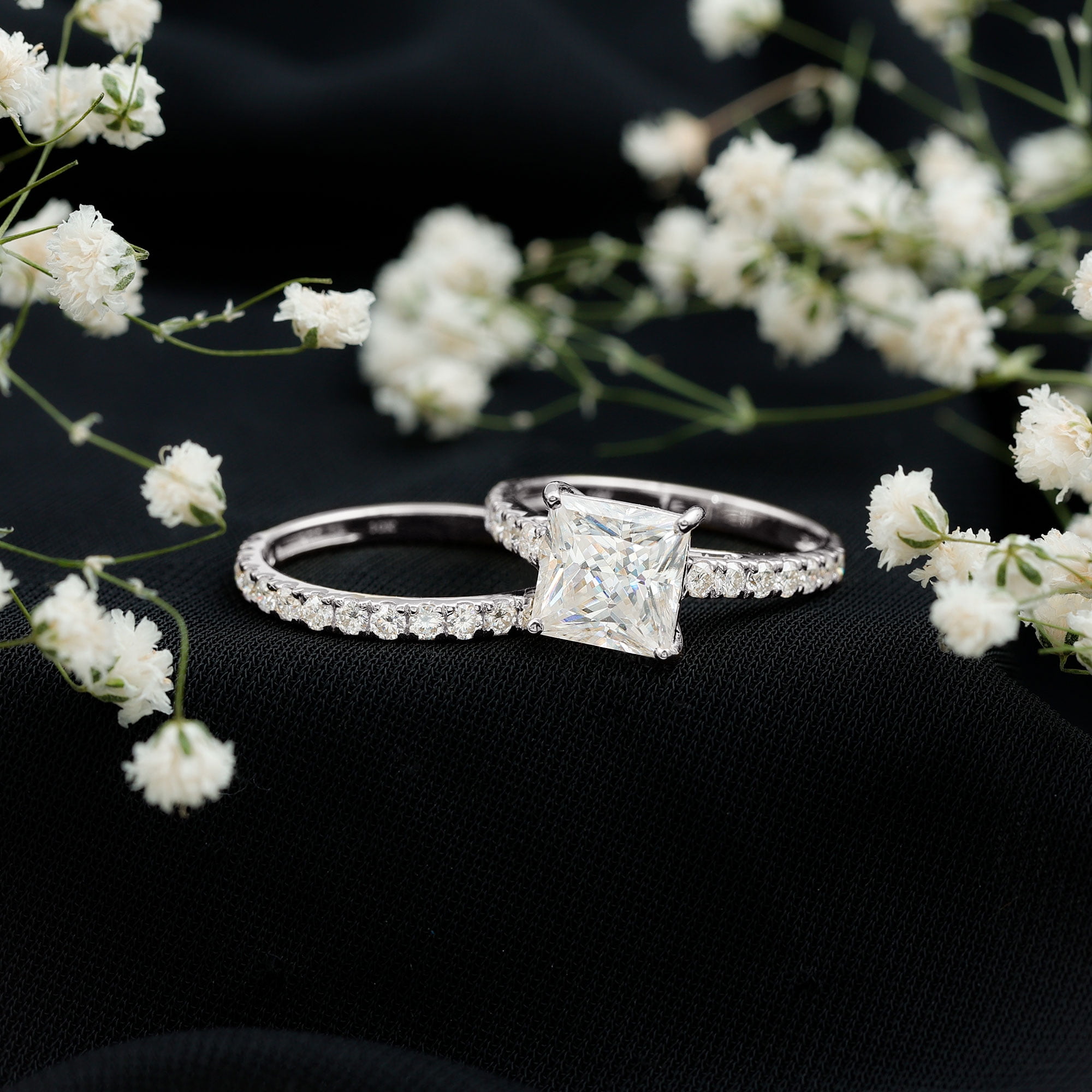 Rosec Jewels Certified Moissanite Princess Cut Wedding Ring Set for Women (8 mm, D-VS1 Quality) - 3 Carat Engagement Ring with Band, 14K White Gold, US 5.50
