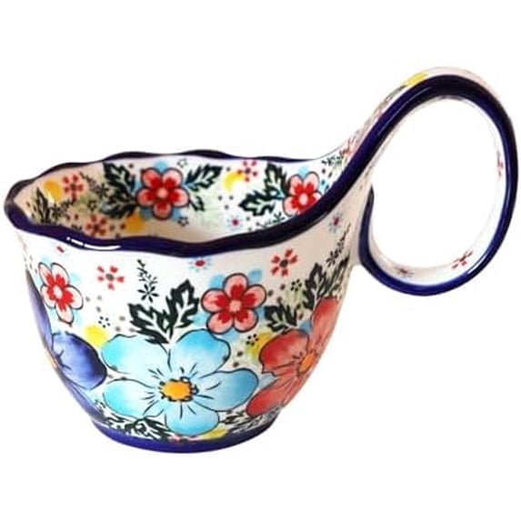 Microwavable Soup Bowl with Loop Handle, Handpainted Decorative Mug Big Handle, Ceramic Soup bowl for Mother, Cereal Bowl Great for Fruits, Chili, Stew, Ice cream