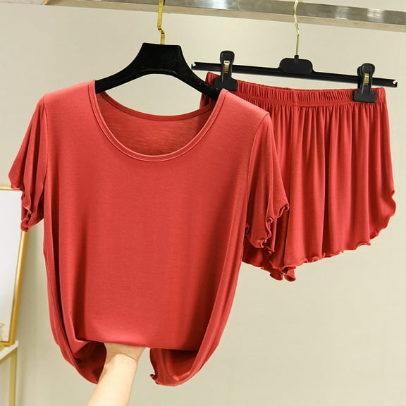 ZhangNan Summer Cotton Short Sleeved T Shirt Loose Large Size Bottoming Shirt Ear Side Top Shorts Two Piece Pajama Set Modal Fabric 2PC, One Size, Size M-2XL