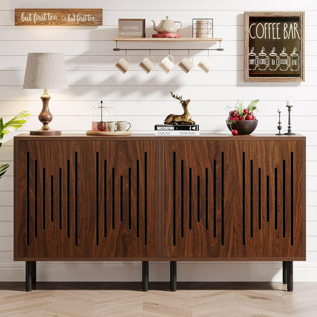 Tribesigns Ensemble de 2 Buffets-Vaisseliers avec Rangement, Buffet de 59 Pouces avec Portes et Tablettes Ajustables, Armoire de Rangement Autoportante d'Accent pour Salon, Brun Foncé