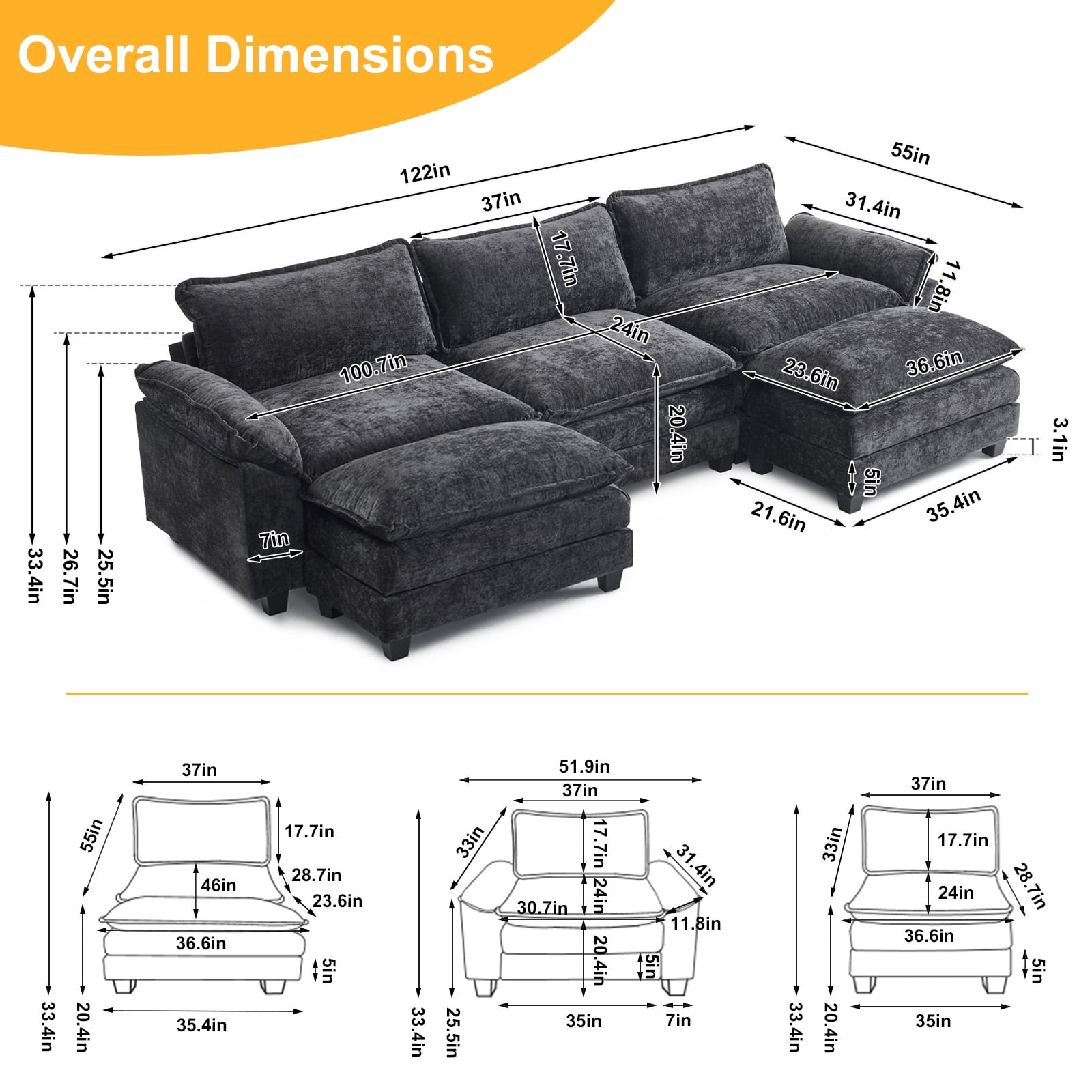 Ktaxon 120" W Sectional Sofa U Shaped Couch with Double Chaise Chenille Sleeper Set with 3 Oversized Seats Black