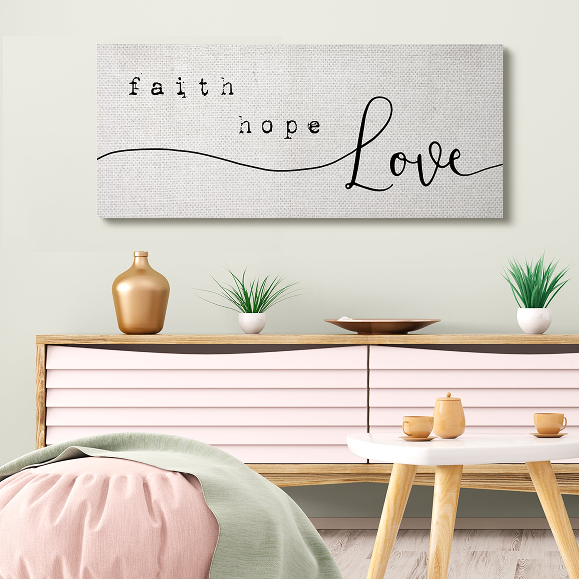 Stupell Industries Faith Hope Love Phrase Charming Cursive Script Religious Painting Gallery Wrapped Canvas Art Print Wall Art, 20 x 48