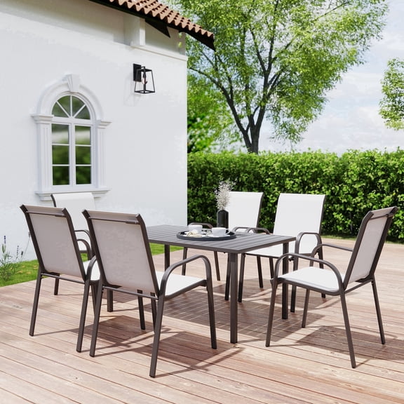 HAPPATIO 7-Piece Outdoor Dining Set - Patio Dining Set for 6. Includes 1 Rectangular Table, 6 Dining Chairs, for Lawn, Garden