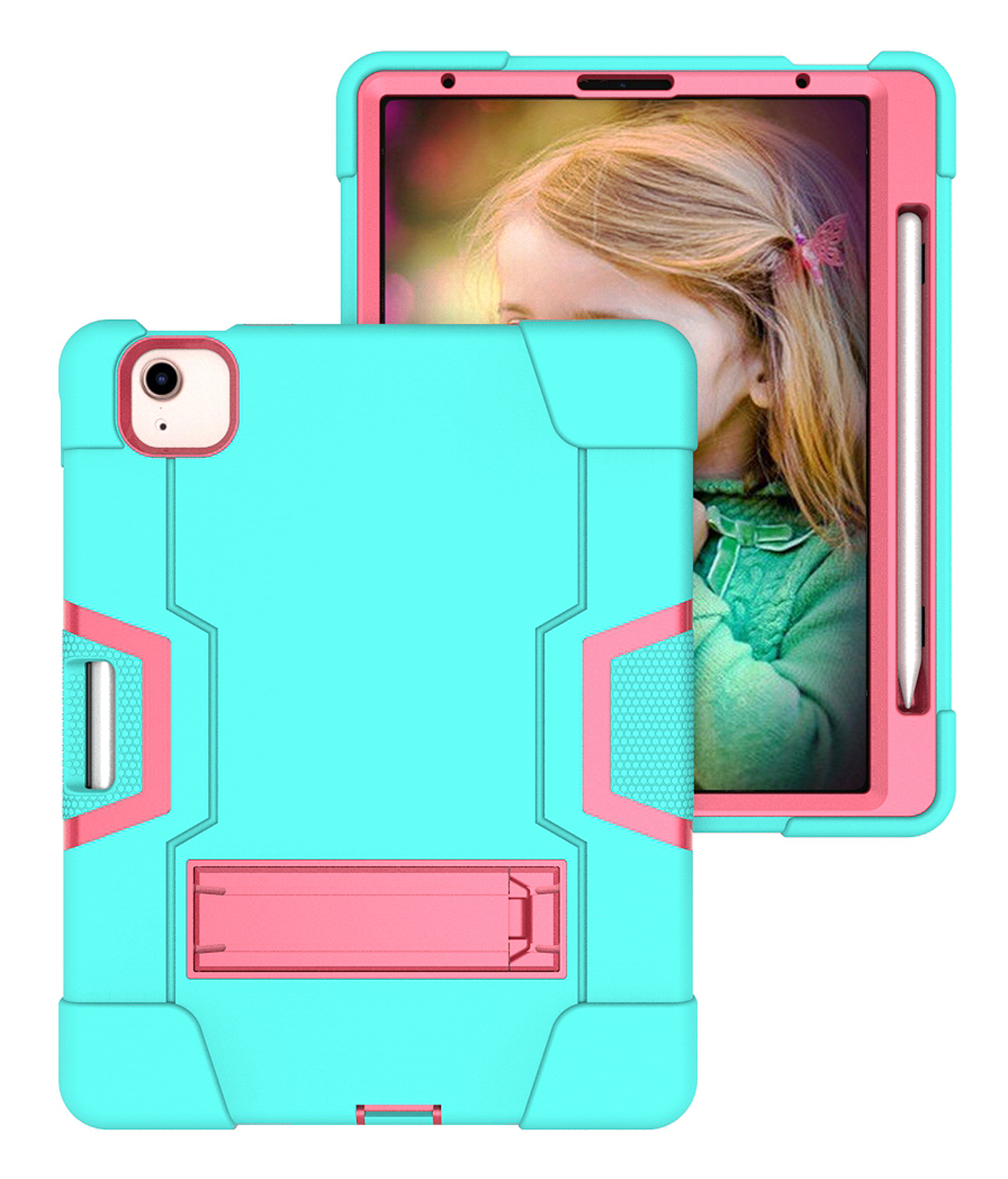 Allytech iPad Air 5 Case 2022, iPad Air 4 Case 2020, Heavy Duty Protection Shockproof Build In Kickstand Pencil Holder Kids Friendly Case for Apple iPad Air 5th 4th Generation, BlackAqua/Rose