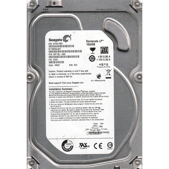 ST1500DL001, 5YD, WU, PN 9VT15L-568, FW CC92, Seagate 1.5TB SATA 3.5 Hard Drive