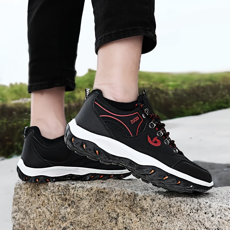 New| VanWeir Black Lace-up Sneakers: Outdoor Men's Hiking Boots, Large Size Fashionable Low-Top Shoes for Comfort and Indoor Fitness Activities and Grip - Ideal for Sports, Daily Wear,