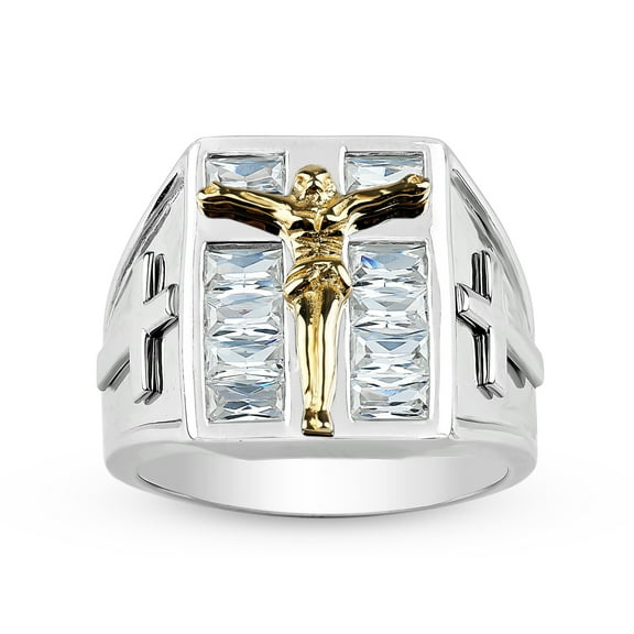 Sterling Silver And Gold Plated Cubic Zirconia Men's Crucifix Ring Size 10