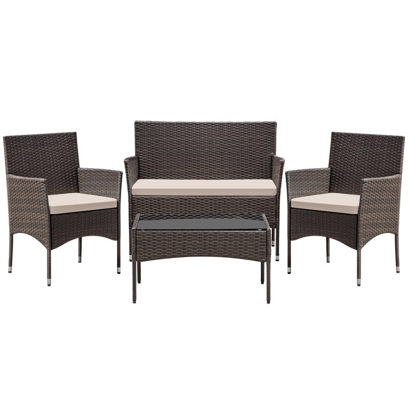 Vineego 4 4PCS Patio Furniture Set Outdoor Conversation Rattan Chairs with Cushion and Loveseat Glass Table for Garden Backyard Porch, Brown/ Beige