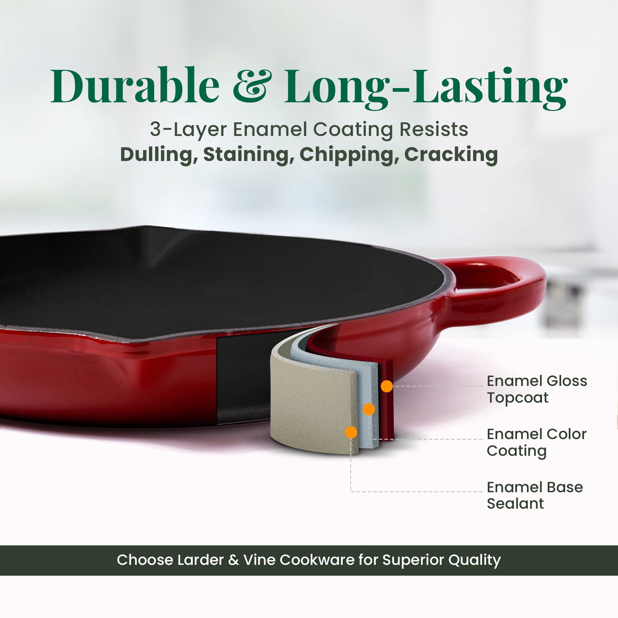 Larder & Vine 10 inch Enameled Cast Iron Skillet | Non Stick, Non Toxic, Oven Safe 500F