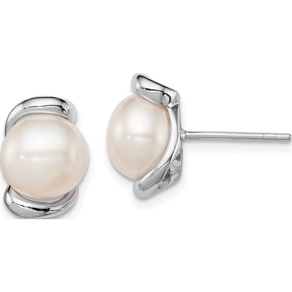 Sterling Silver Rhodium-Plated 8-9mm White Fwc Pearl Post Earrings Made In China qe12752