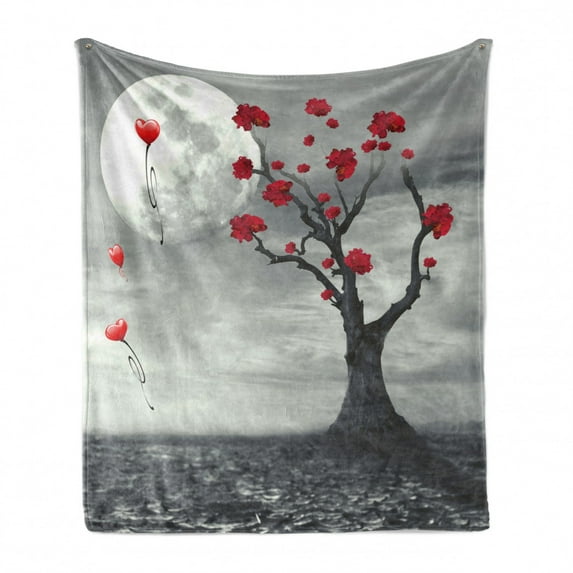 Tree Soft Flannel Fleece Blanket, Lonely Nature Theme Vibrant Flowers Romantic Full Moon Night Love Scene, Cozy Plush for Indoor and Outdoor Use, 60" x 80", Grey Vermilion and White, by Ambesonne