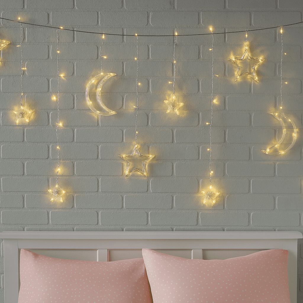Mainstays 144-Count Indoor Battery-Operated Curtain Lights with Stars and Moons, Warm White LED, 6 ft Lighted Length