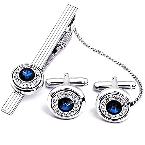 Navy Blue Cufflinks and Tie Clip Set for Men Small Stunning Crystal Necktie Bar Clips Cuff Links Studs Button Luxury Silver Romantic Wedding