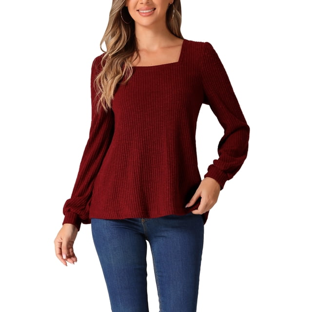 INSPIRE CHIC Top de punto acanalado para mujer, suéter ligero de manga abullonada y cuello cuadrado, tama?o S, color burdeos