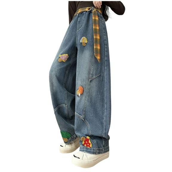 Staki Cute Pants for Teen Girls Girls Star Applique Jeans Elastic Band Straight Leg Jeans with Pockets Vintage Streetwear Aesthetic Teen Clothes(Blue,13-14 Years)