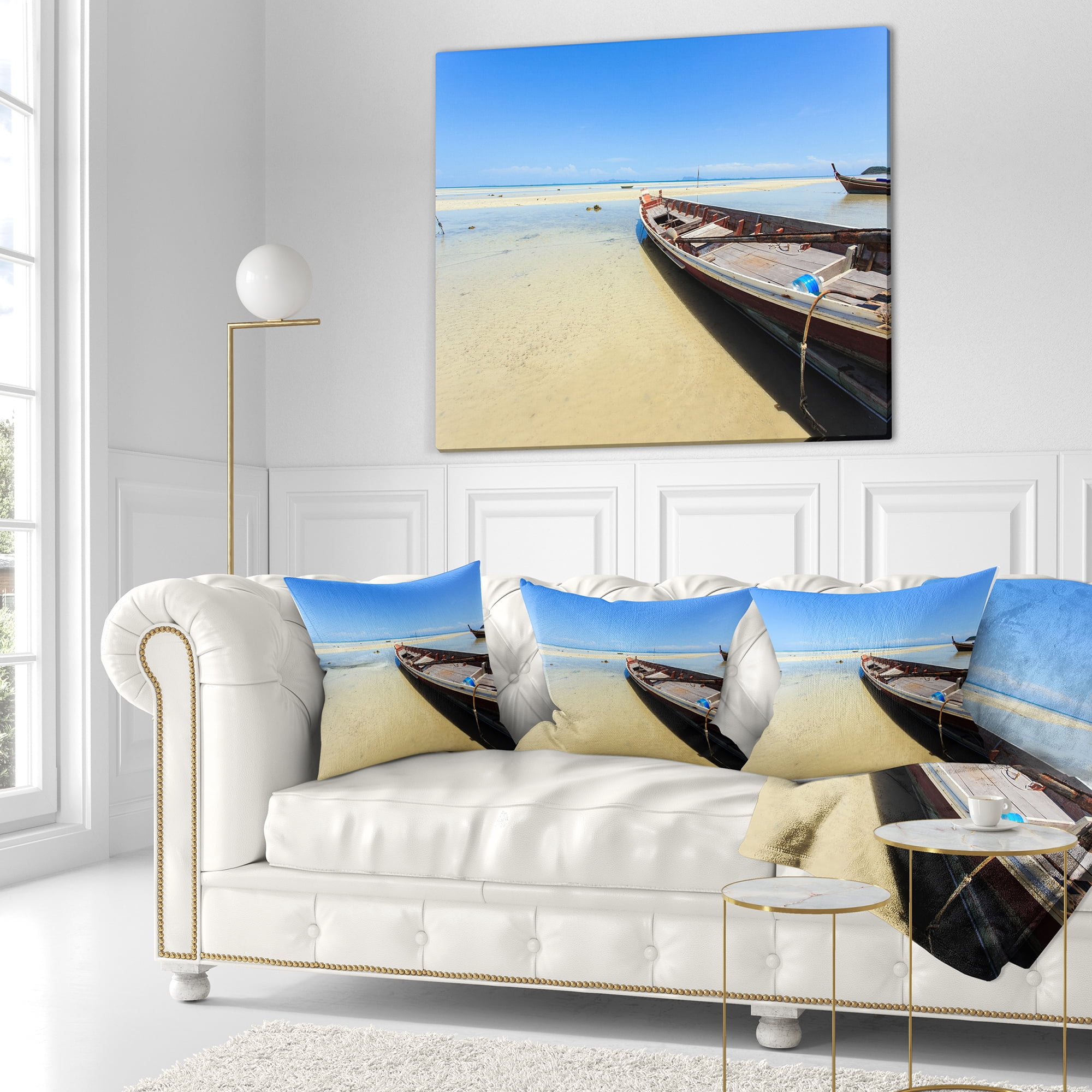 Designart Traditional Thai Boat on Beach - Seashore Throw Pillow - 18x18