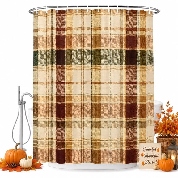 Warm Brown Checked Shower Curtain, Waterproof Shower Curtains for Bathroom, Fall Farmhouse Buffalo Plaid Washable Fabric Bathtub Curtain Set Bath Decor with 12 Hooks Standard 72"x72"