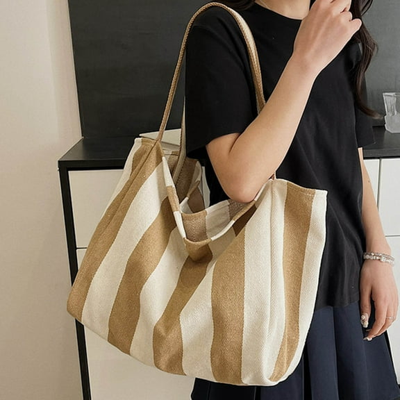 breaise Striped Canvas Tote Handbag for Women Vertical Stripe Large Capacity Shoulder Bag for Shopping Travel