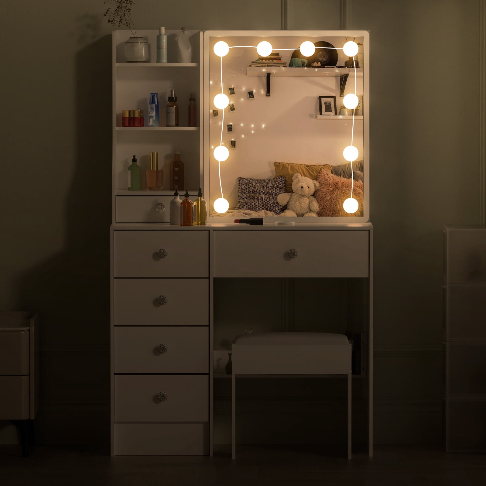 Caulitar Vanity Set with Mirror & Lights, Adjustable Brightness, Makeup Vanity with Chair and Storage, White